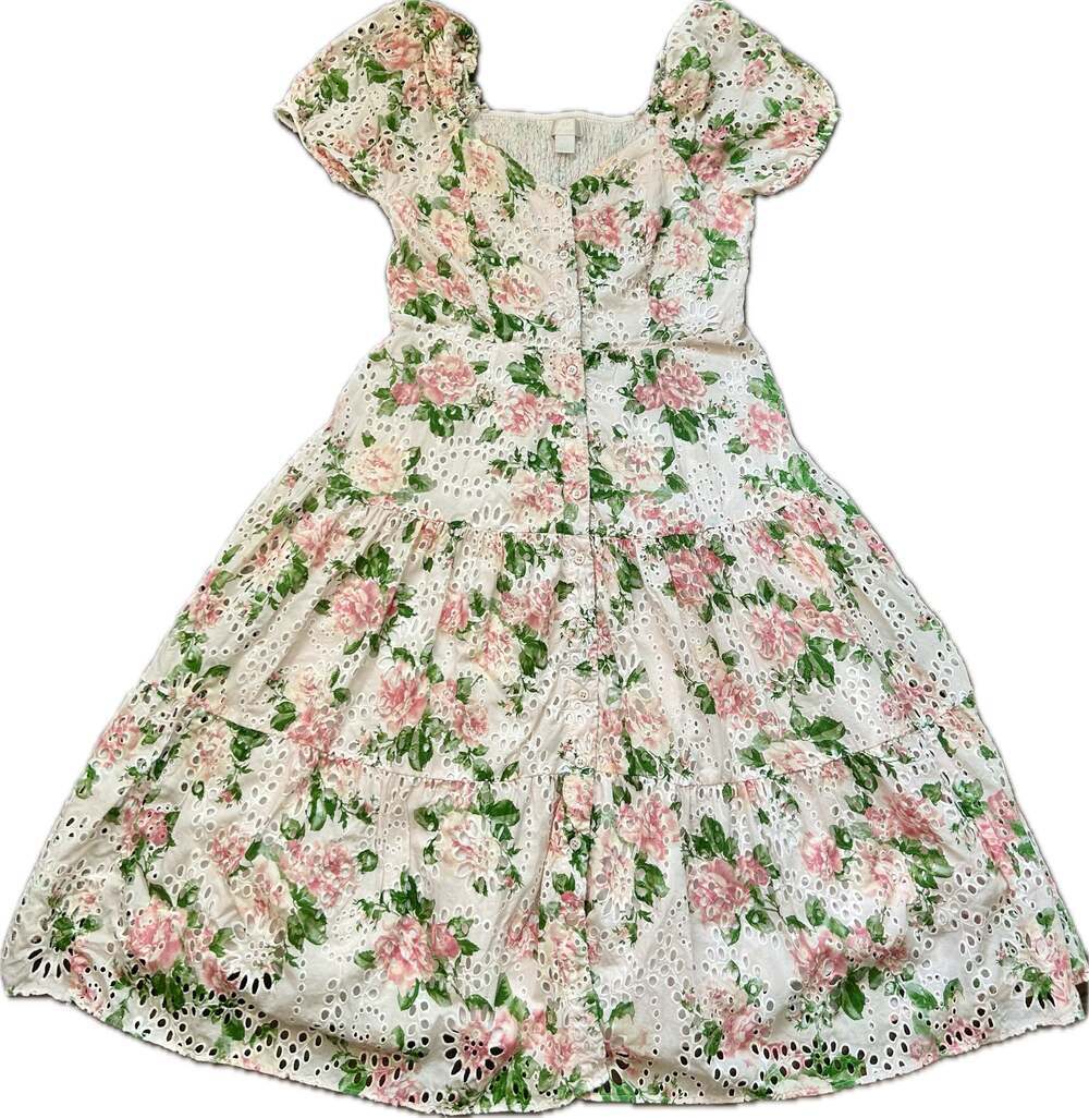 Rachel Parcell Pink Floral Eyelet Puff Sleeve Tiered Maxi Dress Cottagecore